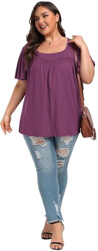 Tanmolo حريمي مقاس كبير بلايز كم قصير رقبة مربعة قمصان صيفية 2024 بلوزة تونيك ناعمة غير رسمية مقاس 14-26 1XL-4XL in Kuwait