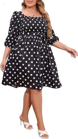 IWFEV Plus Size Women's Dress Polka Dot Square Neck Retro Puff Sleeve Midi Dress in Kuwait
