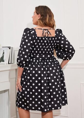 IWFEV Plus Size Women's Dress Polka Dot Square Neck Retro Puff Sleeve Midi Dress in Kuwait