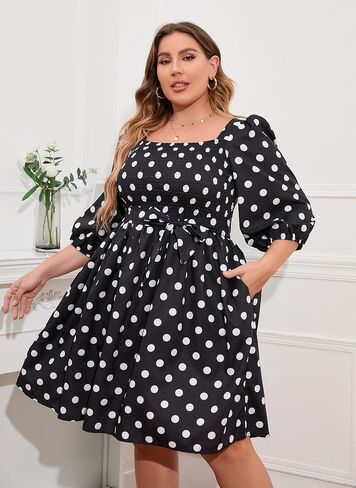 IWFEV Plus Size Women's Dress Polka Dot Square Neck Retro Puff Sleeve Midi Dress in Kuwait