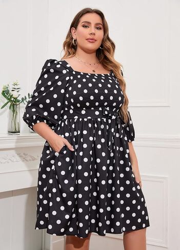IWFEV Plus Size Women's Dress Polka Dot Square Neck Retro Puff Sleeve Midi Dress in Kuwait