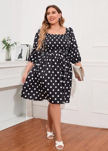 IWFEV Plus Size Women's Dress Polka Dot Square Neck Retro Puff Sleeve Midi Dress in Kuwait