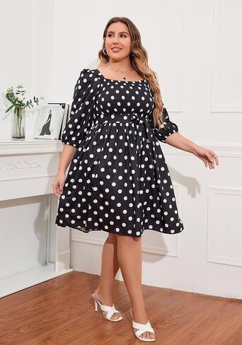 IWFEV Plus Size Women's Dress Polka Dot Square Neck Retro Puff Sleeve Midi Dress in Kuwait