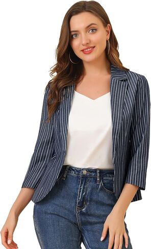 Allegra K Women's Striped 3/4 Sleeves Open Front Notched Lapel Blazer in Saudi Arabia