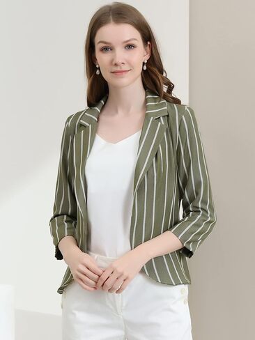 Allegra K Women's Striped 3/4 Sleeves Open Front Notched Lapel Blazer in Saudi Arabia