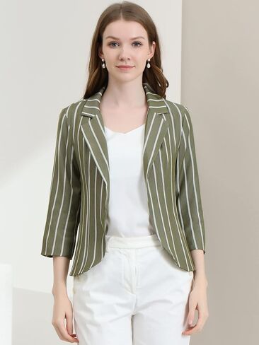 Allegra K Women's Striped 3/4 Sleeves Open Front Notched Lapel Blazer in Saudi Arabia