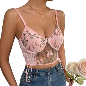 Women's Floral Lace Cami Crop Top Spaghetti Strap Sheer Mesh Corset Bustier Tops Bralette
