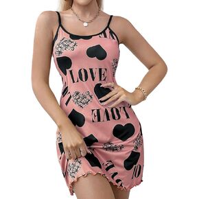 رواية ايفيلست قميص نوم نسائي مطبوع عليه قلب وحروف - بيجامات كاجوال بدون اكمام وحاشية مكشكشة قميص نوم ناعم in Kuwait