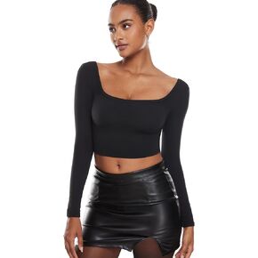 INLYRIC Women's Natrelax Square Neck Long Sleeve Crop Top Sexy Slim Fitted Basic Stretchy T Shirts Tops