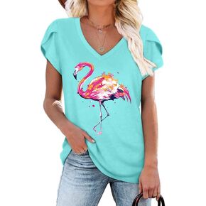 IHAOIZ Womens Flamingo Print Tops Summer Sexy V Neck Petal Sleeve Casual Tee Tshirts S-3XL