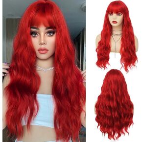 Amnenl Women Red Long Curly Wave Wig with Bangs Natural Synthetic Wigs for Halloween Cosplay Wig in Kuwait