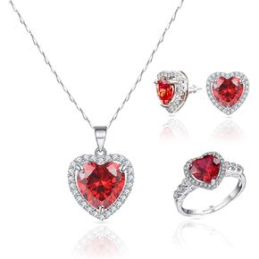 ايه اي كيو بي بي كيو ار اي طقم مجوهرات مكون من عقد واقراط وخاتم على شكل قلب احمر من الفضة الاسترلينية، هدايا عيد ميلاد للنساء والزوجة مع صندوق هدايا، فضي، كريستال, فضة, بلورة in Kuwait