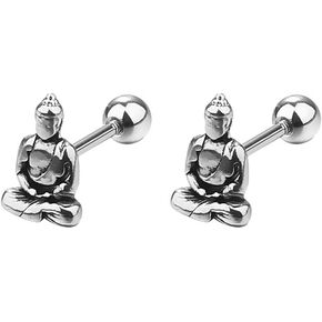 Vintage Lucky Buddha Statue Stud Earrings for Women Girls Mens Stainless Steel 16G Screw Back Tragus Helix Barbell Cartilage Piercing Earring Studs Punk Personalized Good Luck Jewelry Gifts Bff in Kuwait