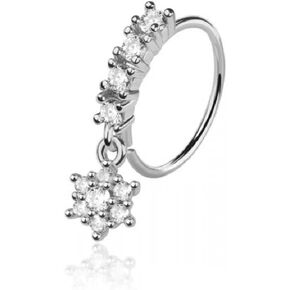 Pierced Owl 20GA 316L Stainless Steel CZ Crystal Lined Hoop with Dangling Flower Charm Bendable Nose Ring