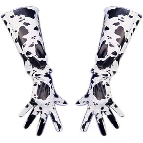 LAQWARM Women's Fashion Long Leather Gloves Faux Lamnskin Unisex warm Faux Leather Black White Cow Print