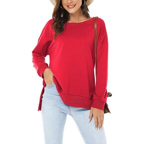 بلوفر VIISHOW نسائي طويل الأكمام بياقة دائرية وفضفاضة ومقاس أساسي بلون سادة وفتحة جانبية، أحمر، متوسط in Kuwait