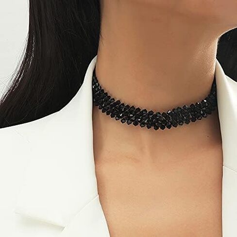 FORUBUS Black Crystal Beaded Choker Necklace, 5 Rows Black Crystal Collar Necklace, Flower Toggle Crystal Beads Choker Necklace for Women Girls in Saudi Arabia