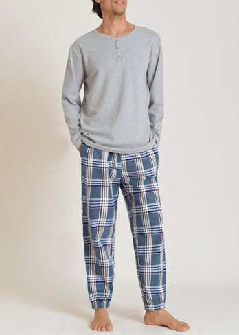 Latuza Men's Cotton Pajama Set Long Sleeve Henley Top Flannel Pants with Pockets in Saudi Arabia