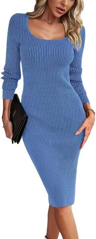 Yazinie Bodycon Sweater Dress Square Neck Dress Long Sleeve Ribbed Knit Midi Dress for Women in Saudi Arabia