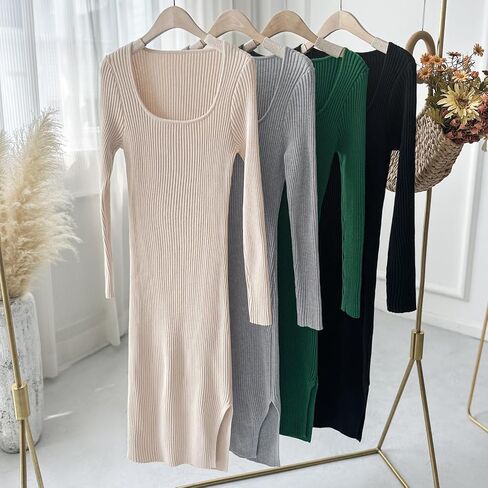 Yazinie Bodycon Sweater Dress Square Neck Dress Long Sleeve Ribbed Knit Midi Dress for Women in Saudi Arabia