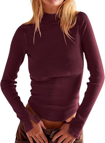 سترة نسائية من Syellowafter ذات ياقة مدورة وأكمام طويلة ومضلعة ومتماسكة وخياطة خام وقمصان غير رسمية in Kuwait