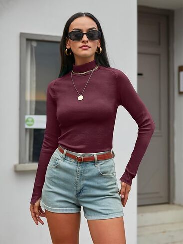 سترة نسائية من Syellowafter ذات ياقة مدورة وأكمام طويلة ومضلعة ومتماسكة وخياطة خام وقمصان غير رسمية in Kuwait