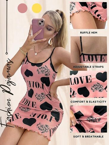 رواية ايفيلست قميص نوم نسائي مطبوع عليه قلب وحروف - بيجامات كاجوال بدون اكمام وحاشية مكشكشة قميص نوم ناعم in Kuwait