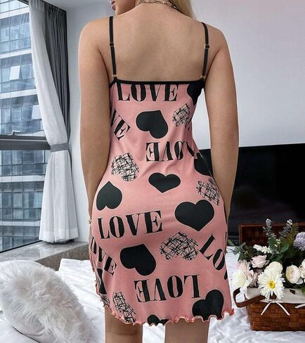 رواية ايفيلست قميص نوم نسائي مطبوع عليه قلب وحروف - بيجامات كاجوال بدون اكمام وحاشية مكشكشة قميص نوم ناعم in Kuwait