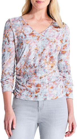 NIC+ZOE Women's Blurred Grid Ls V Nk Ruched Tee in Saudi Arabia