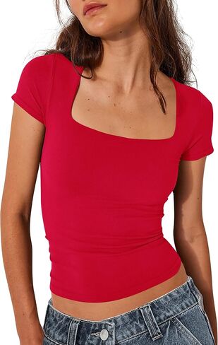 BAIGRAM Women Square Neck Crop Top Short Sleeve T Shirts Slim Fitted Going Out Tops Y2K Cute Summer Basic Tees Trendy in Saudi Arabia