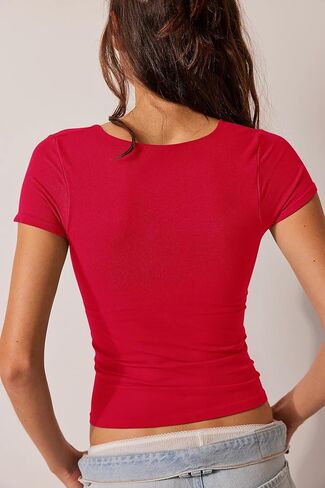 BAIGRAM Women Square Neck Crop Top Short Sleeve T Shirts Slim Fitted Going Out Tops Y2K Cute Summer Basic Tees Trendy in Saudi Arabia