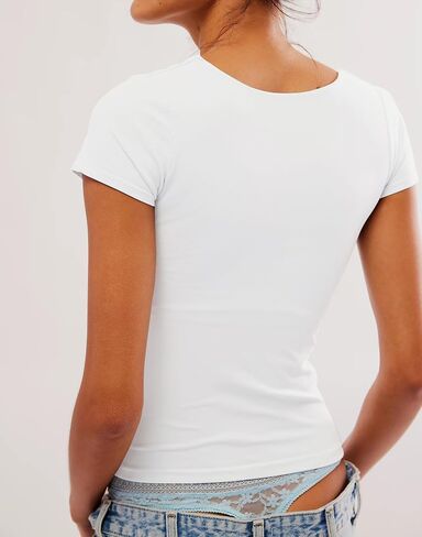 BAIGRAM Women Square Neck Crop Top Short Sleeve T Shirts Slim Fitted Going Out Tops Y2K Cute Summer Basic Tees Trendy in Saudi Arabia
