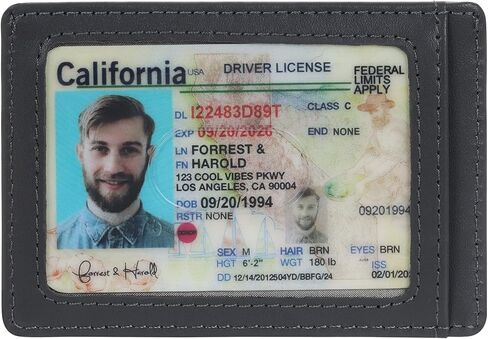 محفظة رفيعة لحمل بطاقات الهوية من F&H - كم بسيط على الوجهين للرجال + جلد محبب أصلي وحجب RFID - تحمل رخصة القيادة في نافذة شفافة، وبطاقات الائتمان والنقود - للجيب الأمامي والخلفي in Kuwait