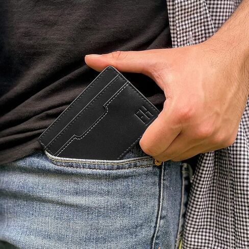 محفظة رفيعة لحمل بطاقات الهوية من F&H - كم بسيط على الوجهين للرجال + جلد محبب أصلي وحجب RFID - تحمل رخصة القيادة في نافذة شفافة، وبطاقات الائتمان والنقود - للجيب الأمامي والخلفي in Kuwait