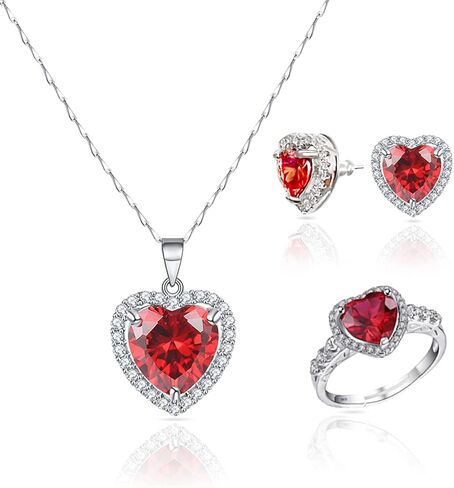 ايه اي كيو بي بي كيو ار اي طقم مجوهرات مكون من عقد واقراط وخاتم على شكل قلب احمر من الفضة الاسترلينية، هدايا عيد ميلاد للنساء والزوجة مع صندوق هدايا، فضي، كريستال, فضة, بلورة in Kuwait