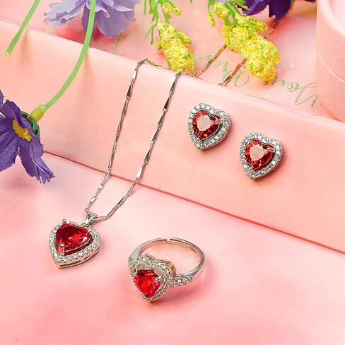 ايه اي كيو بي بي كيو ار اي طقم مجوهرات مكون من عقد واقراط وخاتم على شكل قلب احمر من الفضة الاسترلينية، هدايا عيد ميلاد للنساء والزوجة مع صندوق هدايا، فضي، كريستال, فضة, بلورة in Kuwait