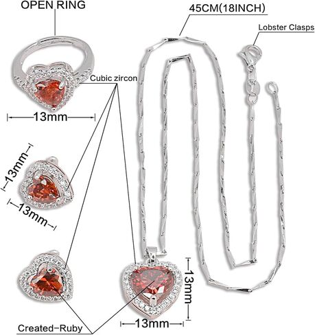 ايه اي كيو بي بي كيو ار اي طقم مجوهرات مكون من عقد واقراط وخاتم على شكل قلب احمر من الفضة الاسترلينية، هدايا عيد ميلاد للنساء والزوجة مع صندوق هدايا، فضي، كريستال, فضة, بلورة in Kuwait