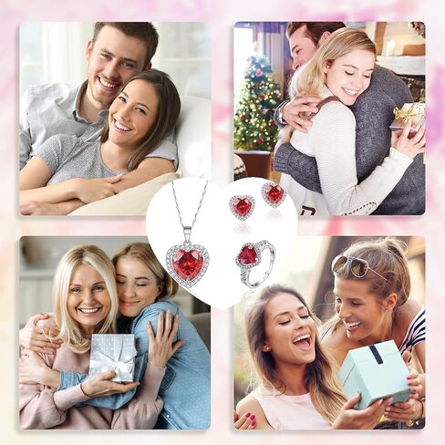 ايه اي كيو بي بي كيو ار اي طقم مجوهرات مكون من عقد واقراط وخاتم على شكل قلب احمر من الفضة الاسترلينية، هدايا عيد ميلاد للنساء والزوجة مع صندوق هدايا، فضي، كريستال, فضة, بلورة in Kuwait