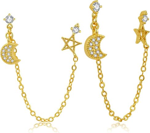 ToHeart Chain Earrings Double Piercing Double Earrings 14k Gold Stud Earrings Hypoallergenic Double Piercing Earrings Lightweight, Silver, No Gemstone in Kuwait
