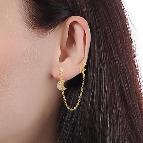 ToHeart Chain Earrings Double Piercing Double Earrings 14k Gold Stud Earrings Hypoallergenic Double Piercing Earrings Lightweight, Silver, No Gemstone in Kuwait