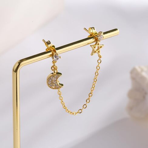 ToHeart Chain Earrings Double Piercing Double Earrings 14k Gold Stud Earrings Hypoallergenic Double Piercing Earrings Lightweight, Silver, No Gemstone in Kuwait