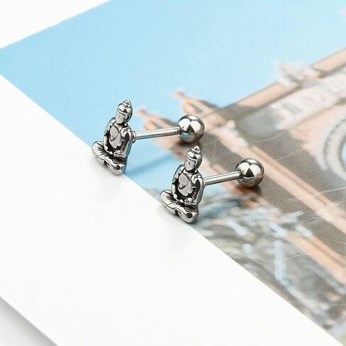 Vintage Lucky Buddha Statue Stud Earrings for Women Girls Mens Stainless Steel 16G Screw Back Tragus Helix Barbell Cartilage Piercing Earring Studs Punk Personalized Good Luck Jewelry Gifts Bff Birthday Hypoallergenic in Saudi Arabia