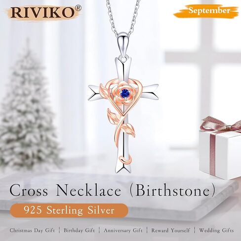 RIVIKO 925 Sterling Silver Cross Birthstone Necklace for Women Cross Rose Pendant Necklaces Trendy Christmas New Year Valentine's Day Anniversary Jewelry Gift for Women Girls Wife Girlfriends Daughter in Saudi Arabia
