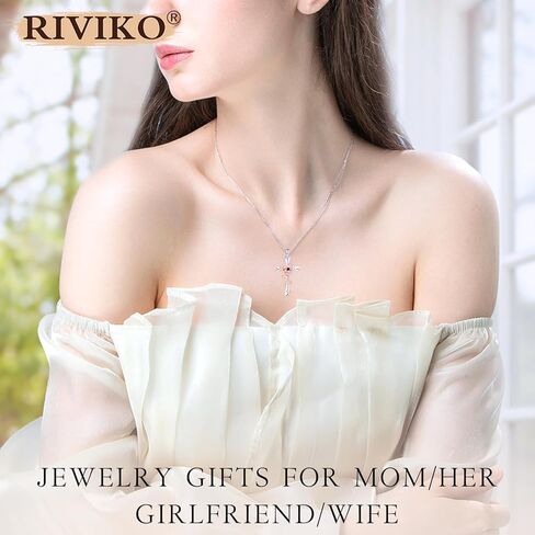 RIVIKO 925 Sterling Silver Cross Birthstone Necklace for Women Cross Rose Pendant Necklaces Trendy Christmas New Year Valentine's Day Anniversary Jewelry Gift for Women Girls Wife Girlfriends Daughter in Saudi Arabia