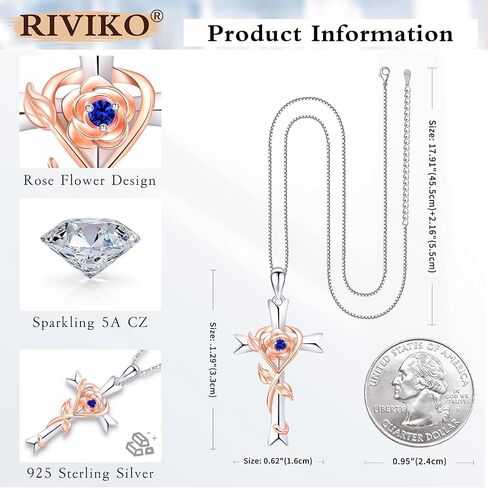 RIVIKO 925 Sterling Silver Cross Birthstone Necklace for Women Cross Rose Pendant Necklaces Trendy Christmas New Year Valentine's Day Anniversary Jewelry Gift for Women Girls Wife Girlfriends Daughter in Saudi Arabia