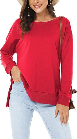 بلوفر VIISHOW نسائي طويل الأكمام بياقة دائرية وفضفاضة ومقاس أساسي بلون سادة وفتحة جانبية، أحمر، متوسط in Kuwait