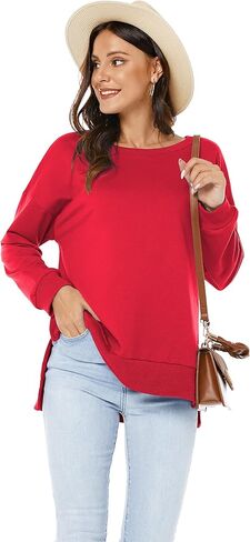 بلوفر VIISHOW نسائي طويل الأكمام بياقة دائرية وفضفاضة ومقاس أساسي بلون سادة وفتحة جانبية، أحمر، متوسط in Kuwait