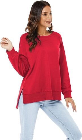 بلوفر VIISHOW نسائي طويل الأكمام بياقة دائرية وفضفاضة ومقاس أساسي بلون سادة وفتحة جانبية، أحمر، متوسط in Kuwait