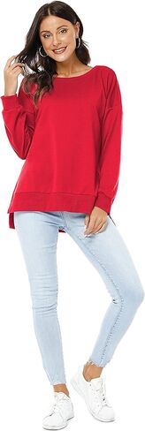 بلوفر VIISHOW نسائي طويل الأكمام بياقة دائرية وفضفاضة ومقاس أساسي بلون سادة وفتحة جانبية، أحمر، متوسط in Kuwait