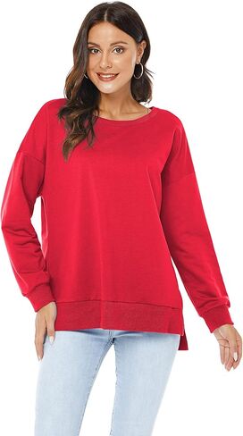 بلوفر VIISHOW نسائي طويل الأكمام بياقة دائرية وفضفاضة ومقاس أساسي بلون سادة وفتحة جانبية، أحمر، متوسط in Kuwait